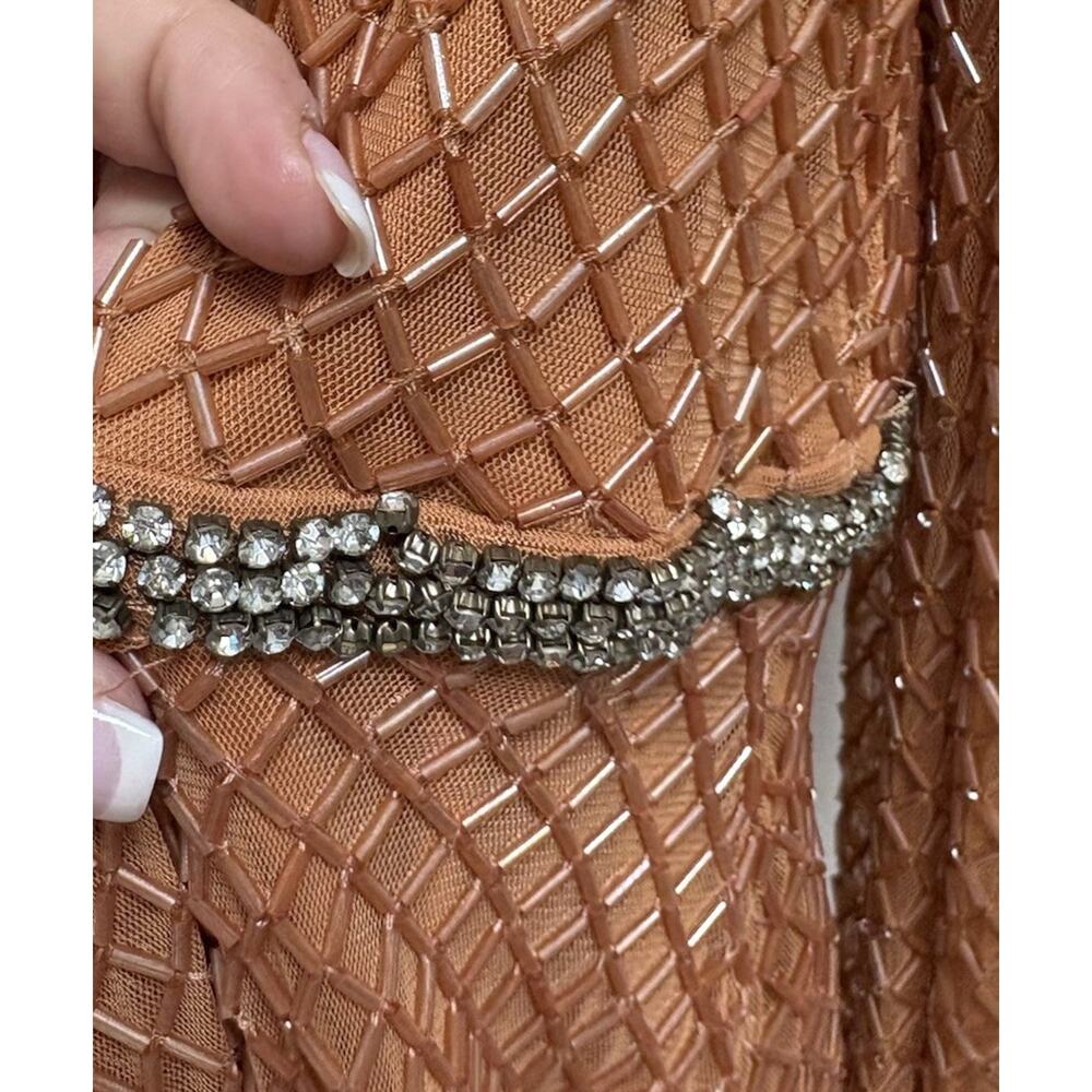 Mac Duggal 93674 Women’s Size 14 Copper Long‎ Sleeve Beaded Mesh Midi Dress NWT - Picture 8 of 15